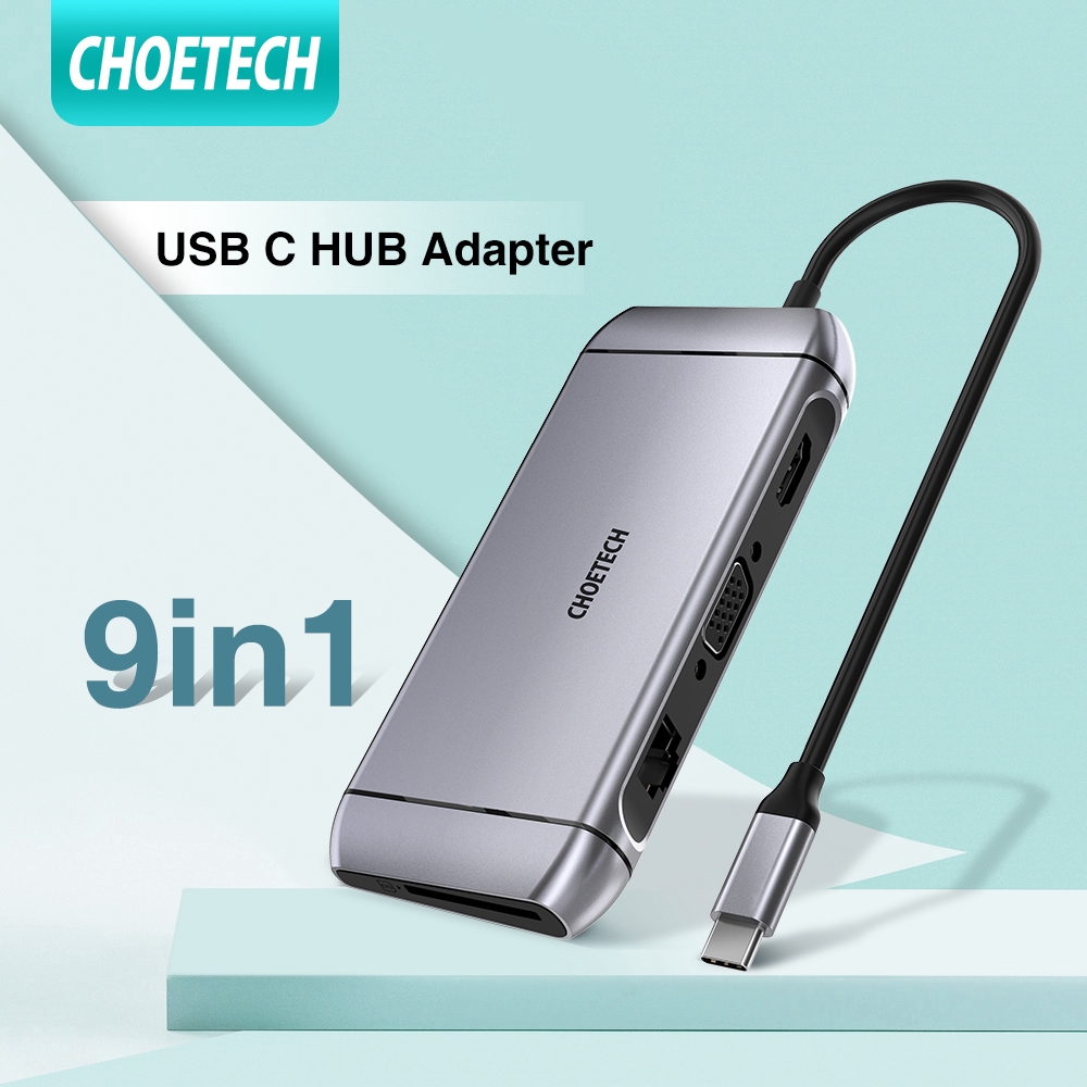 Bộ Chia CHOETECH Cổng USB C 9 Trong 1 Với 4k Hdmi/PD 100w/Usb 3.0/Rj45 Ethernet/60hz Vga/Tf Cho Macbook Pro/Air/Imac