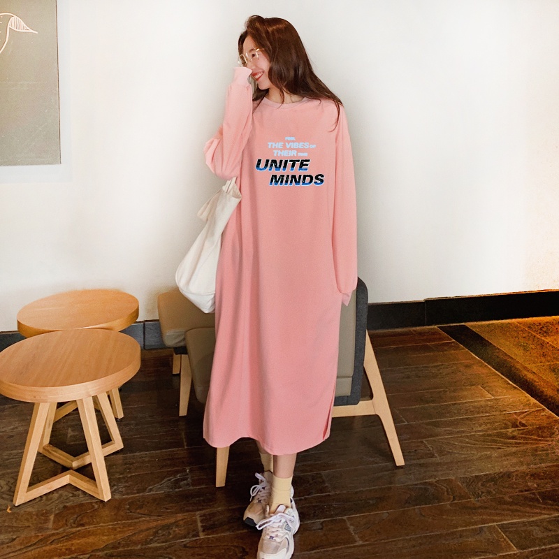 SUXI Đầm Hoodie Mỏng Cổ Tròn Dài Tay Dáng Rộng In Chữ Thời Trang Mùa Thu Năng Động
