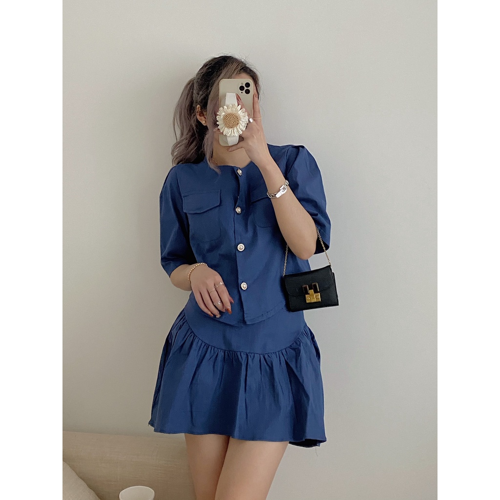 Set áo cổ tròn tay bồng mix chân váy đuôi cá