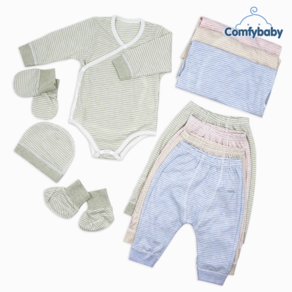 Set Bodysuit sơ sinh 5 món ComfyBaby (quần áo dài, bao tay chân, mũ) kẻ sọc màu xanh - 100% Cotton- chính hãng