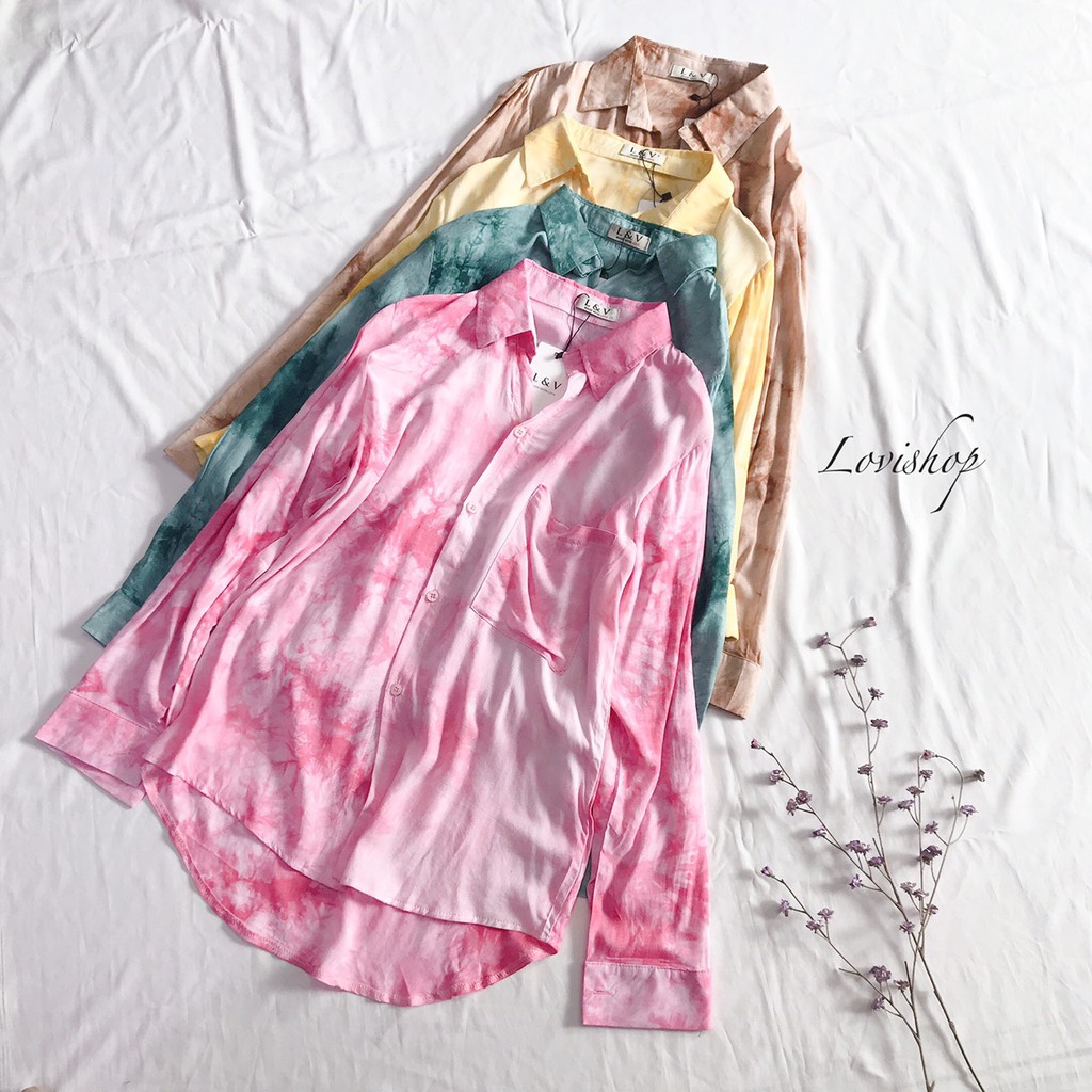 Áo sơ mi nữ loang màu tay dài cá tính chất lừ Lovi