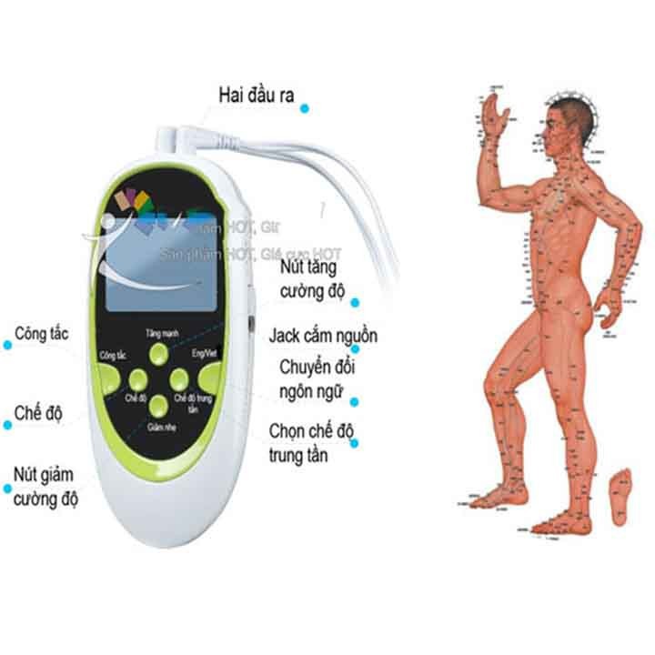 Máy điện xung trị liệu 8 miếng dán loại tiếng việt đầu ra kép đa chức năng. Máy châm cứu bấm huyệt 8 miếng dán