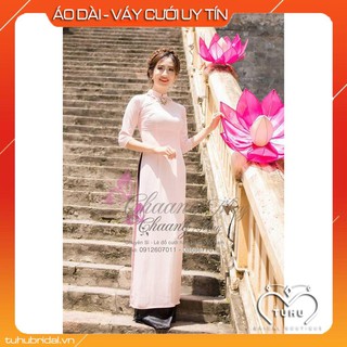 Áo dài lụa hồng truyền thống 4 tà đính hoa kèm quần
