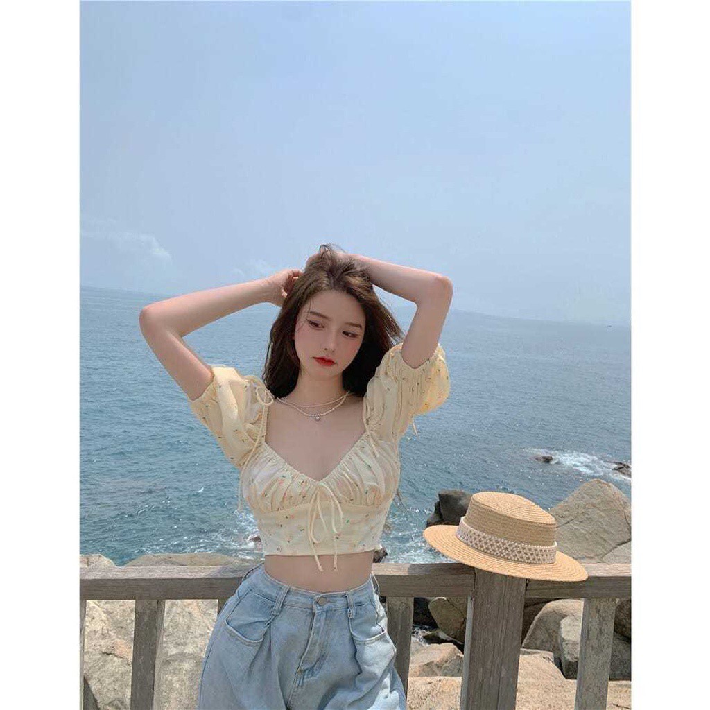 Áo hoa COZOKC tay phồng cổ vuông thời trang cho nữ