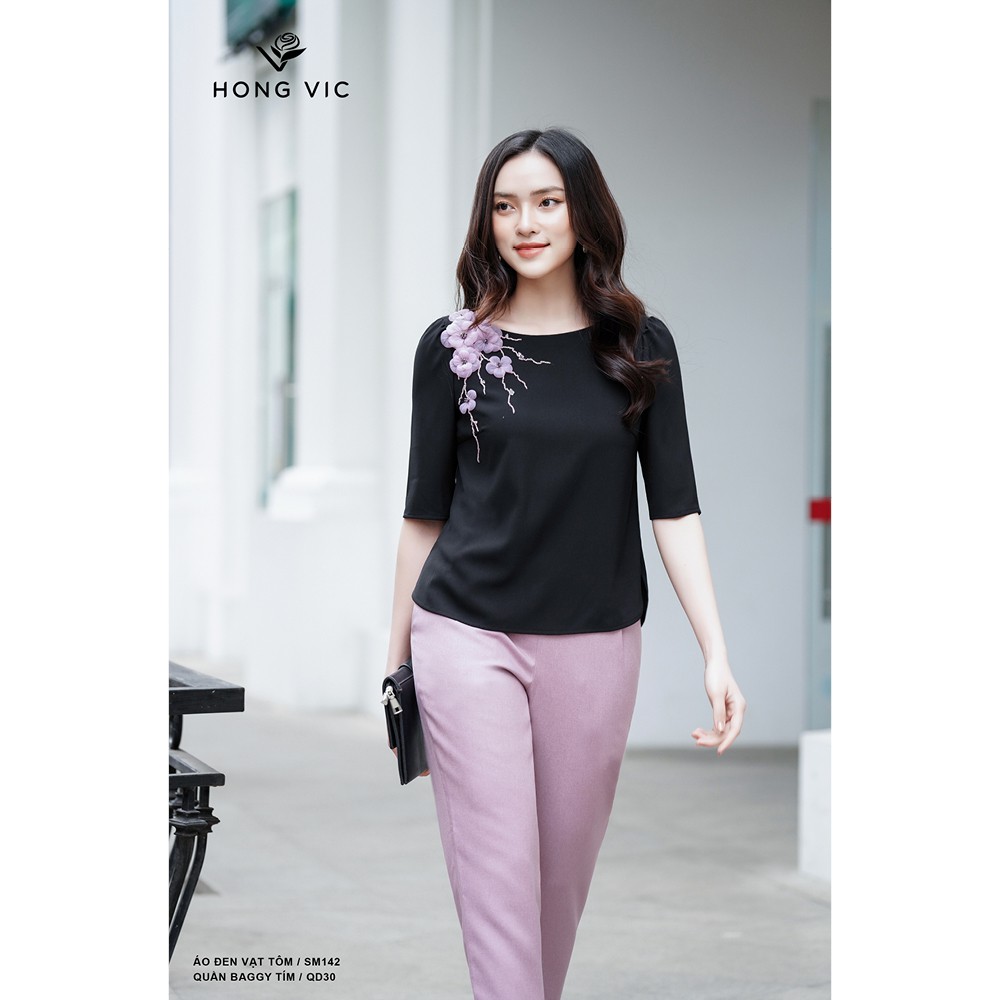 Áo nữ thiết kế Hongvic đen vạt tôm SM142