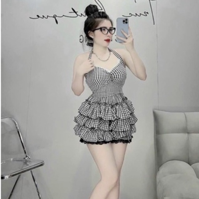 Sét Áo Caro Bèo Cúp Ngực Phối Quần Tầng Thời Trang Nữ - V5