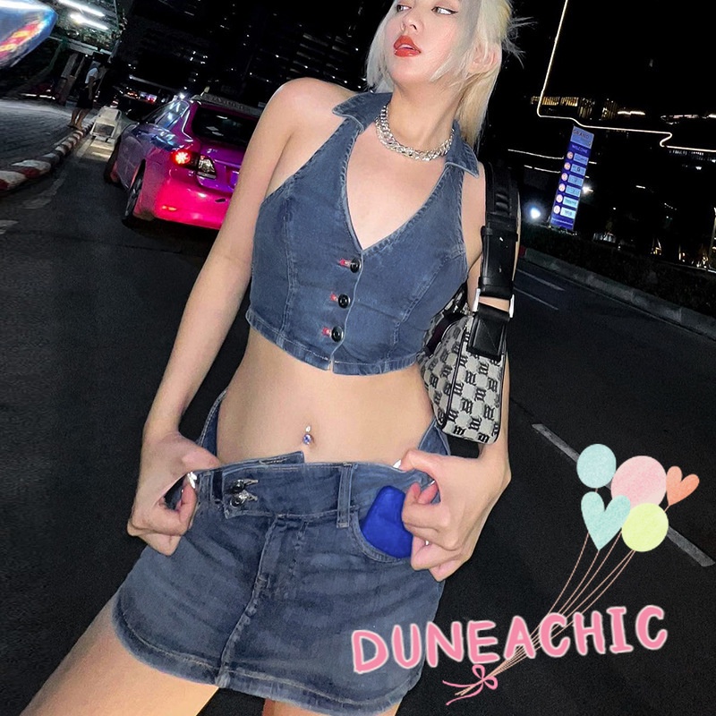 Bộ Áo Tank Top Hở Lưng + Chân váy jean Lưng Cao Phối Nút Cá Tính Cho Nữ