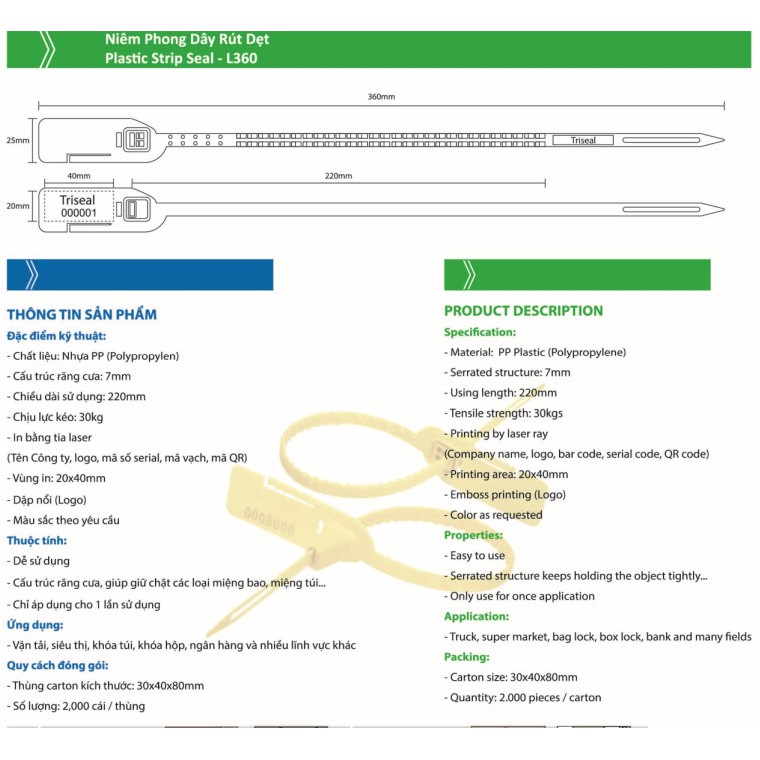 Seal nhựa niêm phong dạng dẹt [ in seri cho xe hàng ( Bịch 100 chiếc)]