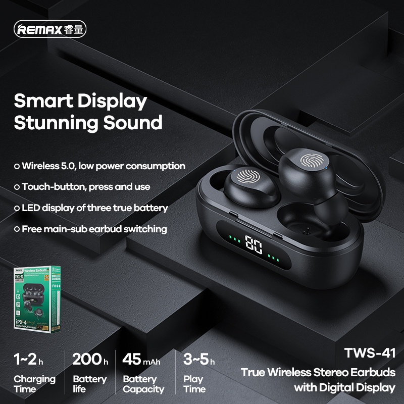 Tai nghe bluetooth true wireless Remax TWS-41 Earbuds chống nước iPX4 - Tích hợp màn hình LCD hiển thị (Đen)