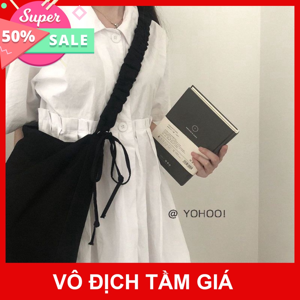 TÚI TOTE ĐEO CHÉO DÂY RÚT [CÓ KHÓA &amp; TÚI CON] - VẢI CANVAS MÀU TRẮNG