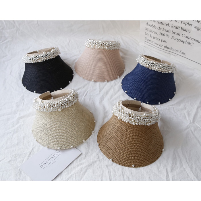 Mũ Cói Che Nắng Hở Chóp Đính Ngọc Trai Kiểu Công Chúa Dễ Thương Cho Mẹ Và Bé