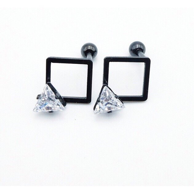 Geometric Quadrilateral Earring khuyên tai titan tứ giác đính đá không gỉ không đen không dị ứng cho nam nữ