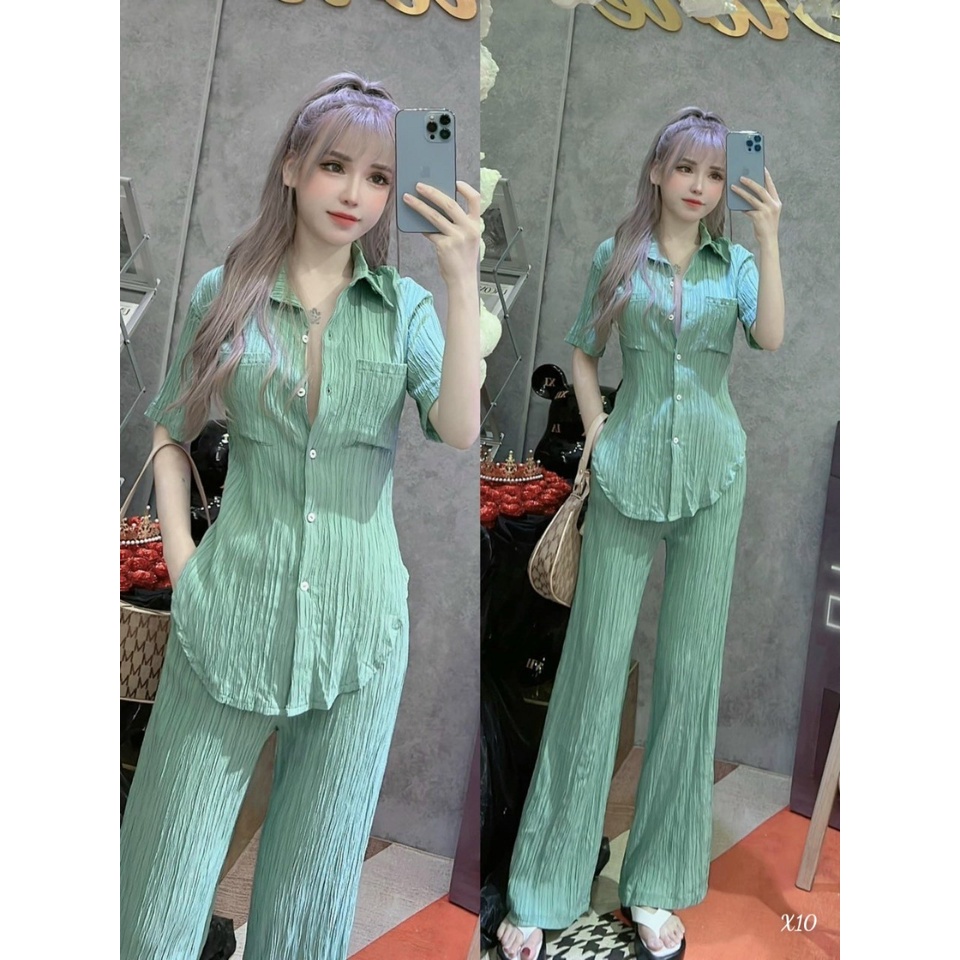 [Set bộ] Set áo và quần đi chơi phong cách đơn giản, dễ thương với quần dài ống rộng kèm áo sơ mi ngăn tay tà bầu