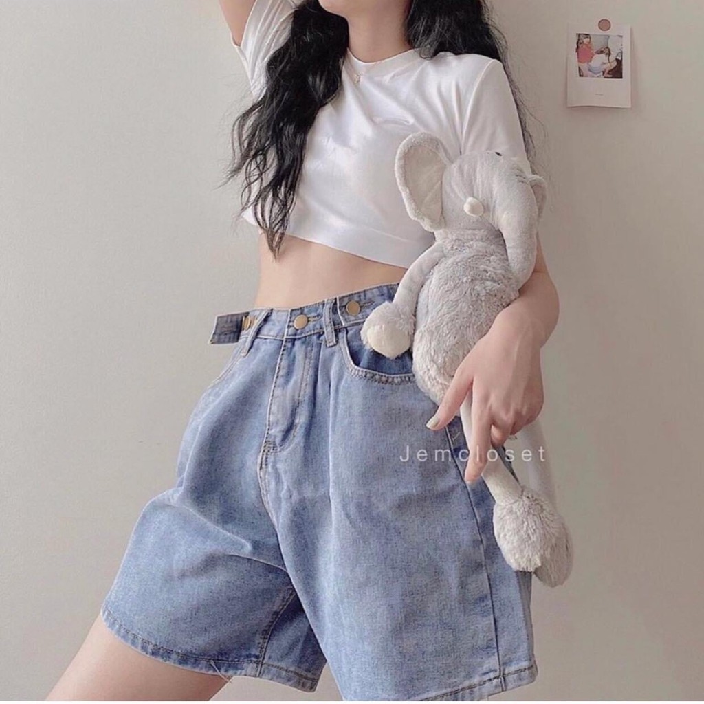 Quần đùi jean ống rộng / Quần shorts jean ống rộng nút thắt ulzzang Q32