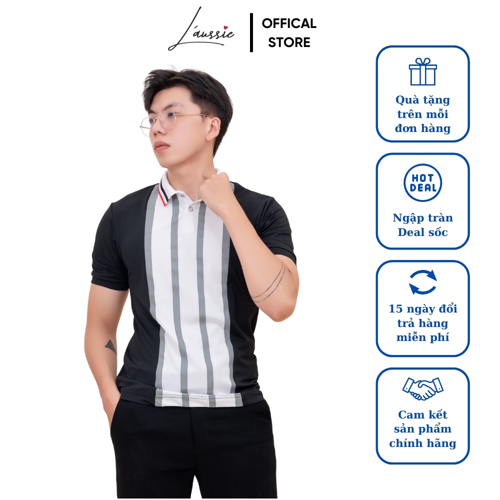 Áo Polo L’aussie Đen Phối Kẻ Sọc Xám Trắng Cổ Bẻ Full Size [Mua là có quà]