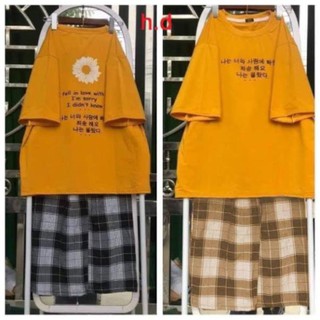 Sét áo thun unisex tay lỡ chữ hàn màu vàng + quần kẻ caro ống rộng