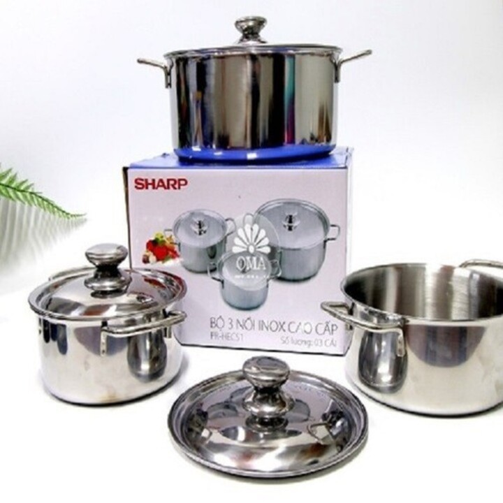 Combo Bộ 3 Nồi Inox Sharp Cao Cấp Đáy Từ H&E Dùng Được Cho Bếp Từ, Inox Sang Trọng, Vệ Sinh Đơn Giản