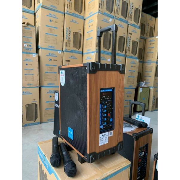 Loa kéo karaoke mini Azpro Az8 bluetooth 2 mic Loa kéo di động thùng gỗ giá tốt