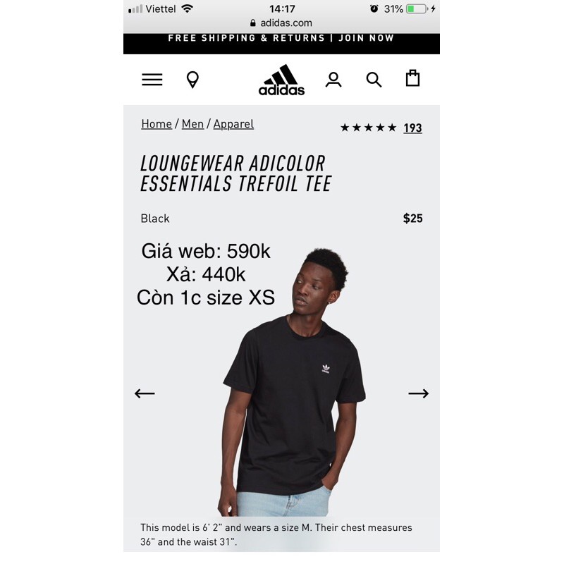 [CHÍNH HÃNG] Thanh lý Áo phông Adidas Loungewear Adicolor Essentials Trefoil Tee