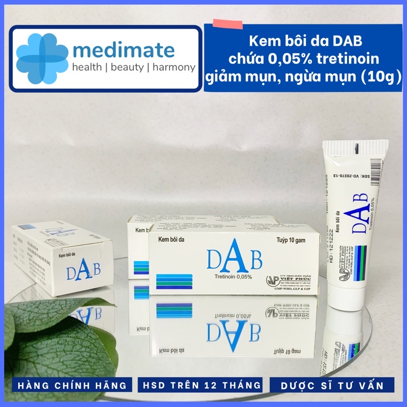 Kem bôi da DAB tretinoin 0,05% giảm mụn, giảm sạm da, sáng da (tuýp 10g)