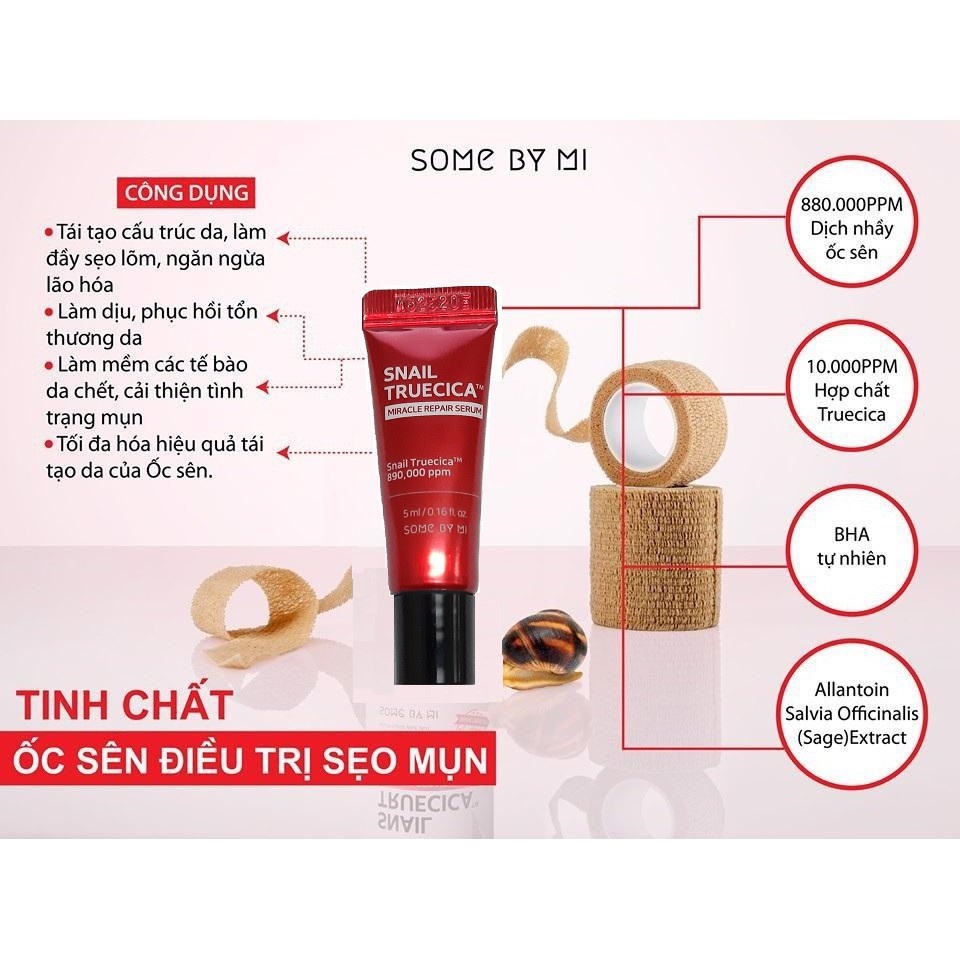 Travel Size - Serum Dưỡng Phục Hồi, Cải Thiện Vết Thâm, Sẹo Lõm, Làm Dịu Da Some By Mi Snail Truecica Miracle Repair 5ml