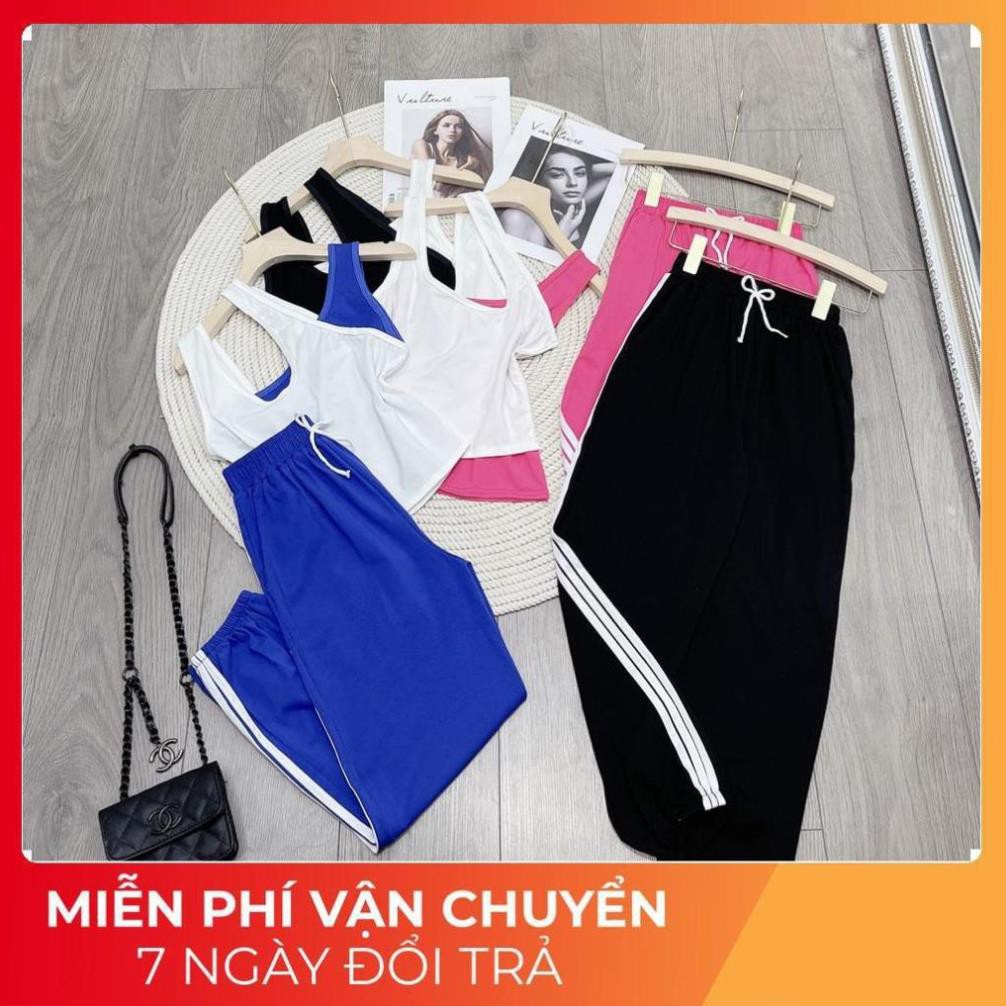 Set bộ thể thao áo croptop phối màu quần bom chạy sọc viền cực cá tính | BigBuy360 - bigbuy360.vn