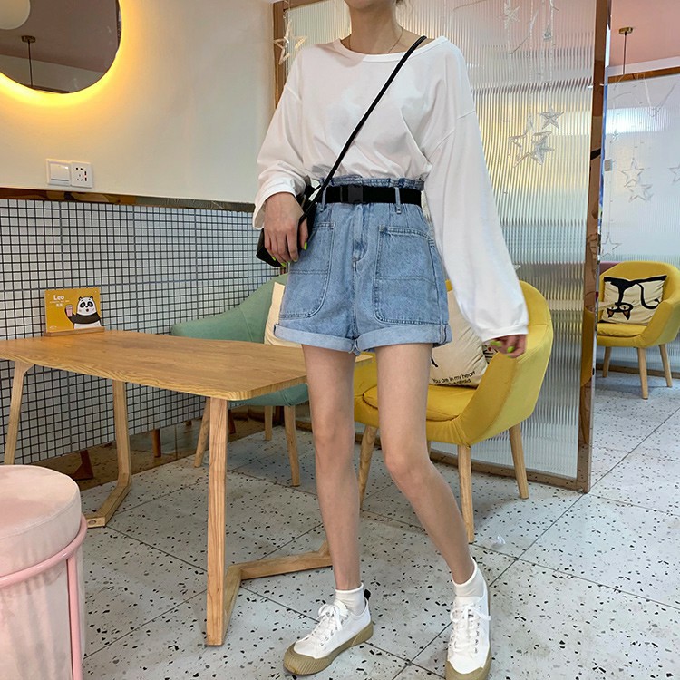 Quần Short Jean Nữ 2 Túi Bigtoe Ống Rộng Gập Gấu Lưng Cao Màu Xanh Nhạt - 513 | BigBuy360 - bigbuy360.vn