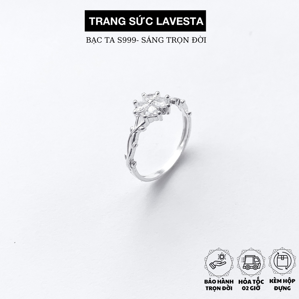 Nhẫn nữ bạc ta S999 nguyên chất đính đá pha lê hình cỏ 4 lá SUN563 Lavesta