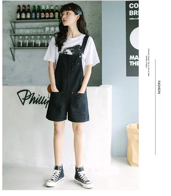 [KÈM ẢNH THẬT + SẴN S] quần yếm đùi bò jeans túi trước 3 màu đen trắng be ulzzang hàn quốc | BigBuy360 - bigbuy360.vn