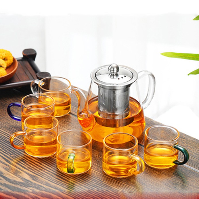 (SẴN) Set 1 bình trà 1 L + 6 cốc 100ml - Bình trà thủy tinh chịu nhiệt cao cấp Borosilicate, hàng xuất Âu