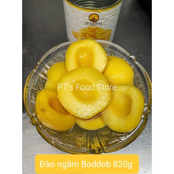 Trái Đào ngâm nước đường Boddob Thái lon 820g. Yellow Peach Halves in syrup. Nguyên liệu trà đào, trà sữa, bánh kem