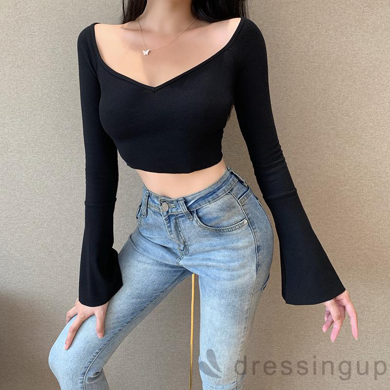 Áo Croptop Tay Loe Cổ Chữ V Màu Trơn Thanh Lịch