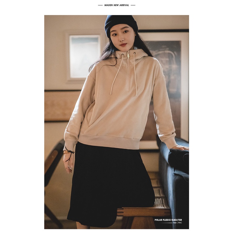 MADEN Áo sweater Sáp Mềm Mại Chui Đầu Tay Dài Có Khóa Kéo Trước Màu Đen Phong Cách Nhật Bản Thời Trang Mùa Thu 2022