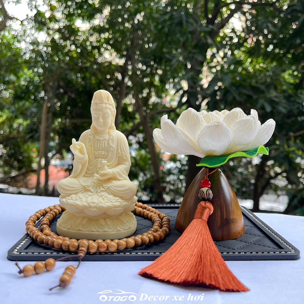 Tượng Phật Bà Quan Âm Để Xe Ô Tô Bằng Đá Ngà , Set Tượng Phật Bà Quan Âm Mix Bình Liên Hoa Cao Cấp