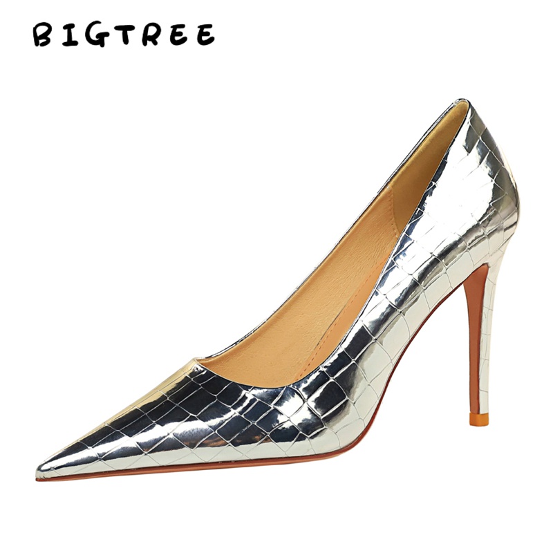 BIGTREE Chính Hãng Giày Cao Gót 10.5cm Mall-9611-7 Mũi Nhọn Miệng Nông Họa Tiết Vân Đá Bằng Kim Loại Phong Cách Retro Quyến Rũ Cho Nữ