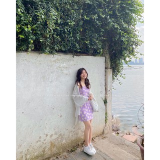 Mới -  VÁY HAI DÂY HOA CÚC TÍM - ĐẦM 2 DÂY TIM TÍM HOA CÚC TRẮNG DÁNG NGẮN ULZZANG