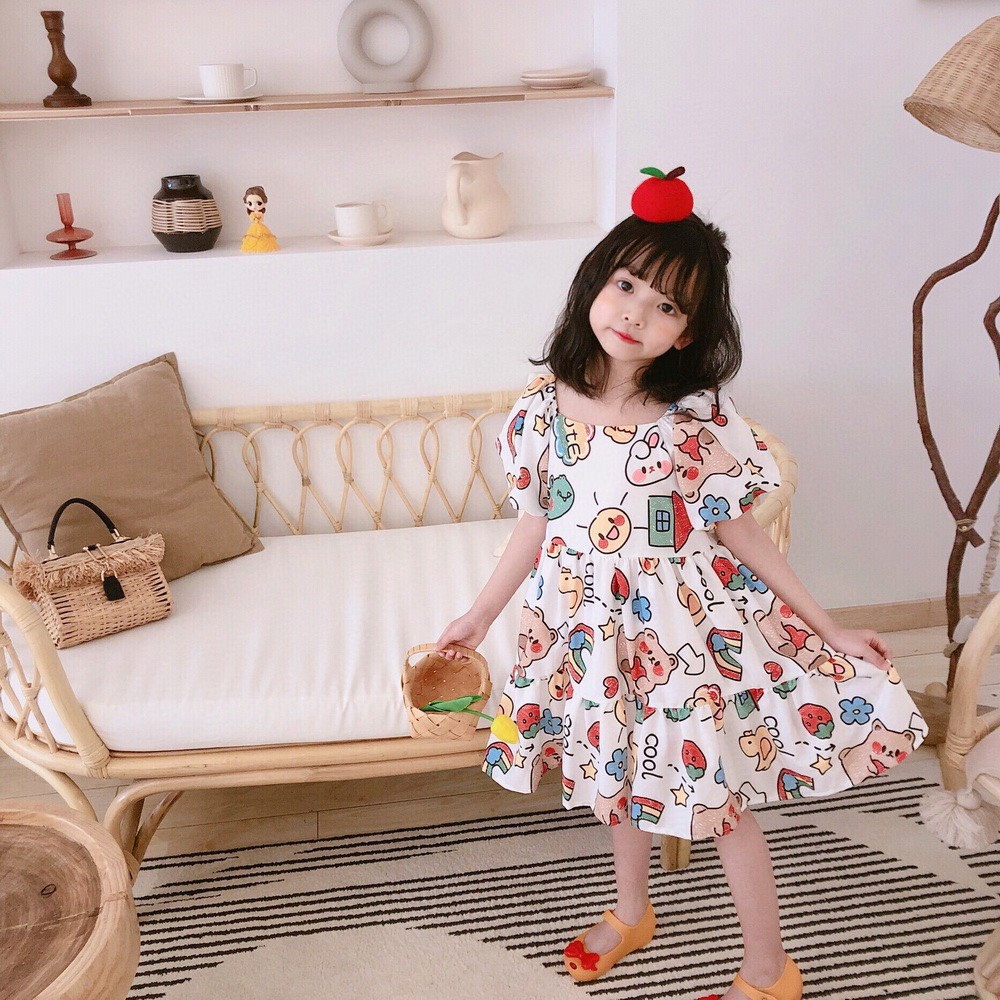 Váy Cổ Vuông Tay Bồng In Hình Ngộ Nghĩnh Dành Cho Bé Gái - V45 - Babi mama