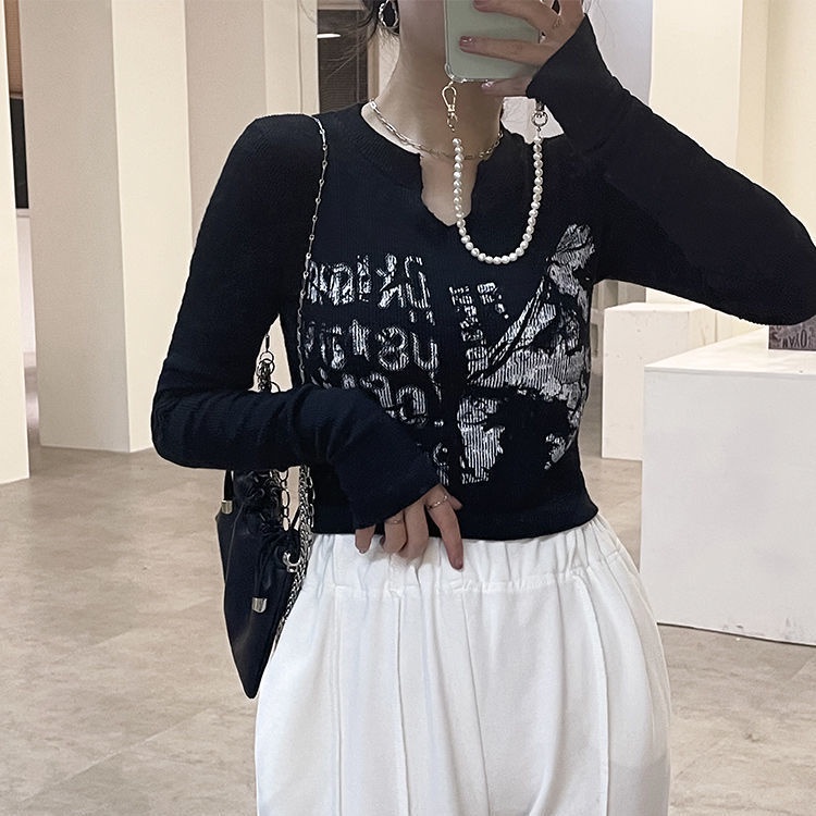 Áo Thun cotton Mỏng Tay Dài Cổ Chữ v Ôm Dáng In Chữ Thời Trang Mùa Xuân Hàn Quốc 2022 Cho Nữ