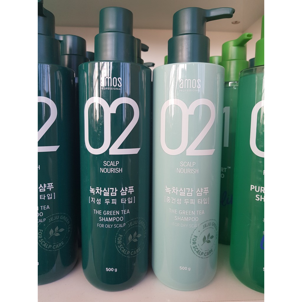 Dầu gội trà xanh dùng cho da dầu/ da khô Amos 02 green tea feeling shampoo liquid sensitive scalp