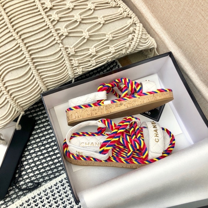 Sandal nữ đế bằng quai thiết kế giống dây thừng thương hiệu 𝘾𝙝𝙖𝙣𝙚𝙡 Channel CN da thật cao cấp