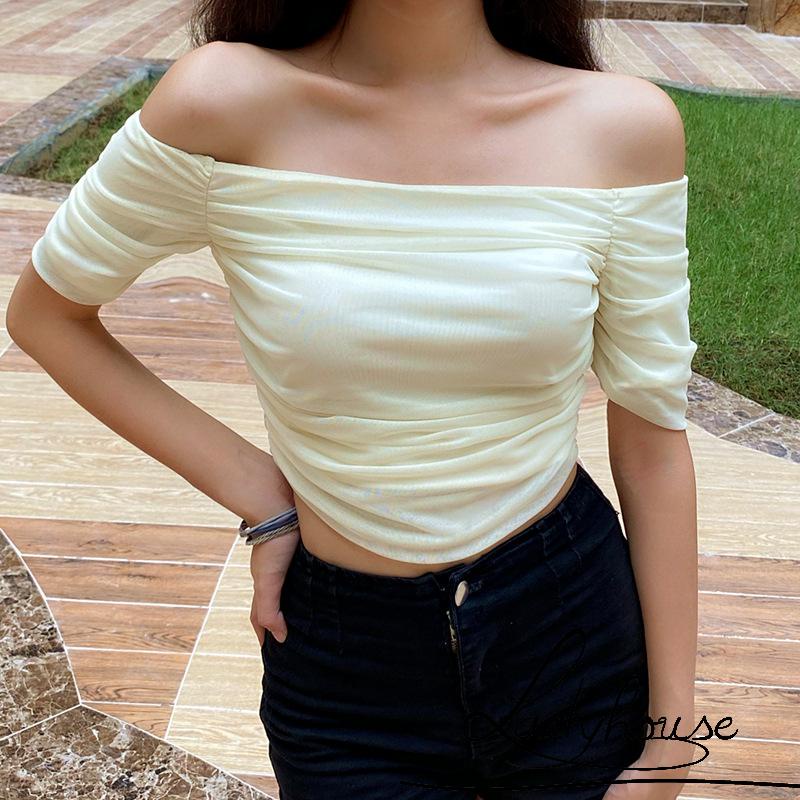 Áo Croptop Trễ Vai Tay Ngắn Màu Sắc Trơn Thời Trang Mùa Hè Quyến Rũ Cho Nữ