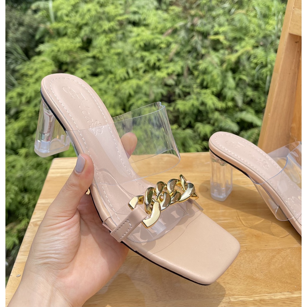 Guốc da bóng quai mica viền xích ngang nude trắng - 6P
