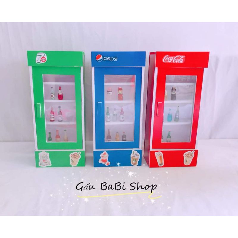 Tủ lạnh Pepsi, cocacola, 7up, dâu tây cho búp bê size 16-32cm