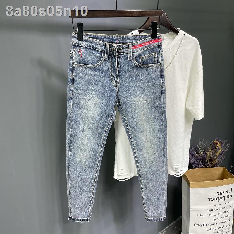 Âu ga cao cấp thêu quần jean nam hàng hiệu hợp thời trang ống ôm co giãn chín điểm nổi tiếng cùng đoạn