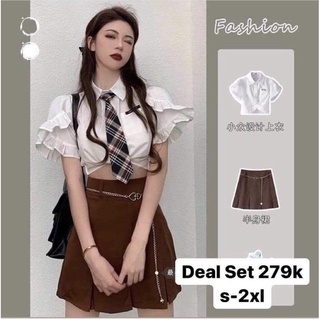 Set học sinh áo sơ mi sơmi tay cánh dơi kèm cà vạt croptop+chân váy tennis kèm dây thắt lưng nịt chain