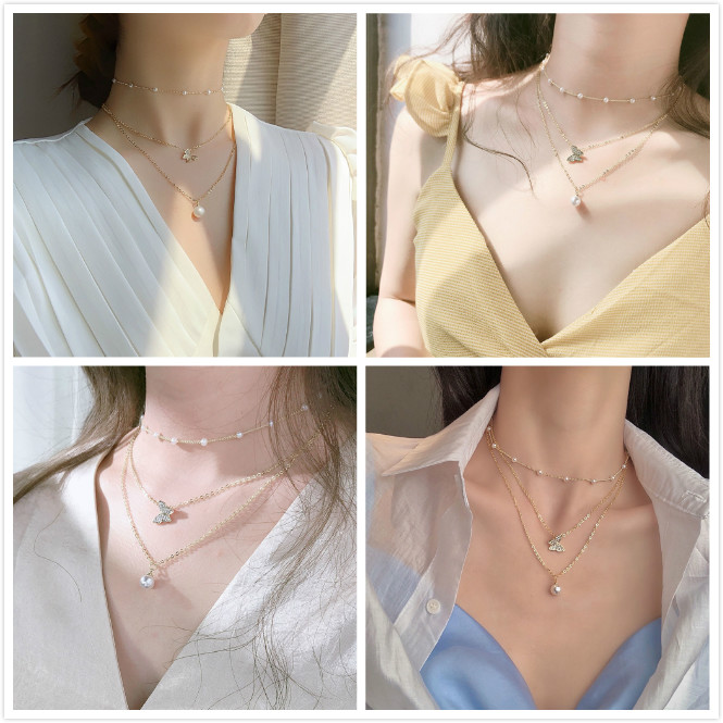 Dây chuyền hợp kim hình bướm/ đính ngọc trai nhân tạo xinh xắn dành cho nữ