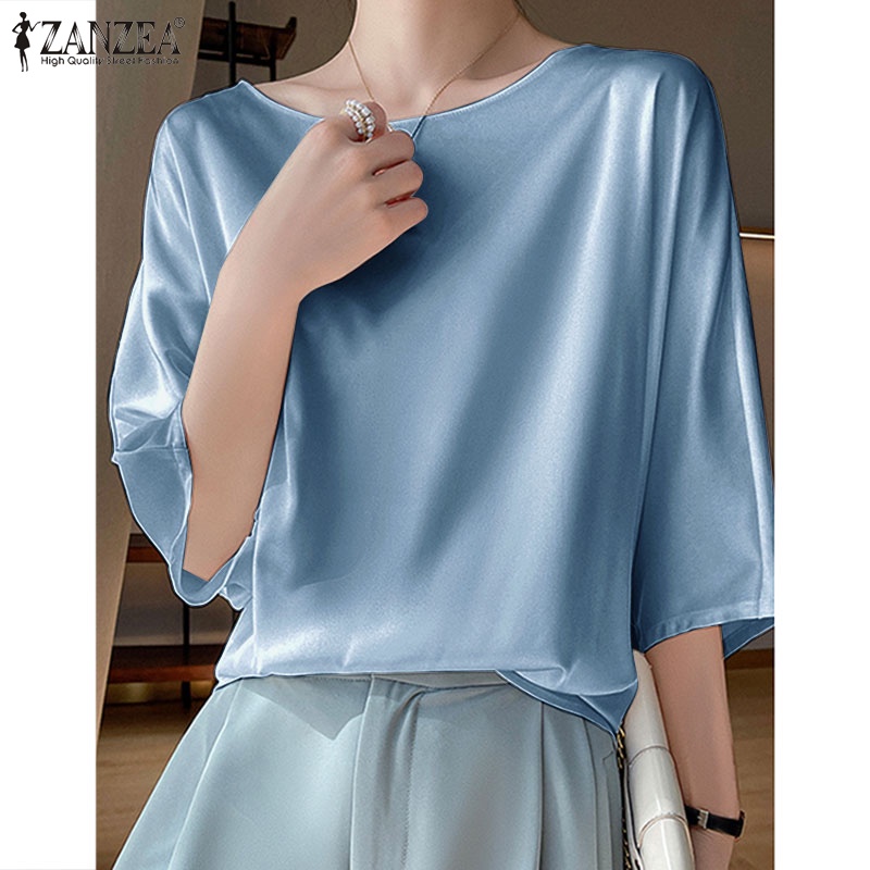 Zanzea Áo Sơ Mi Cổ Tròn Tay Lửng Vải Satin Thời Trang Công Sở Cho Bạn Gái