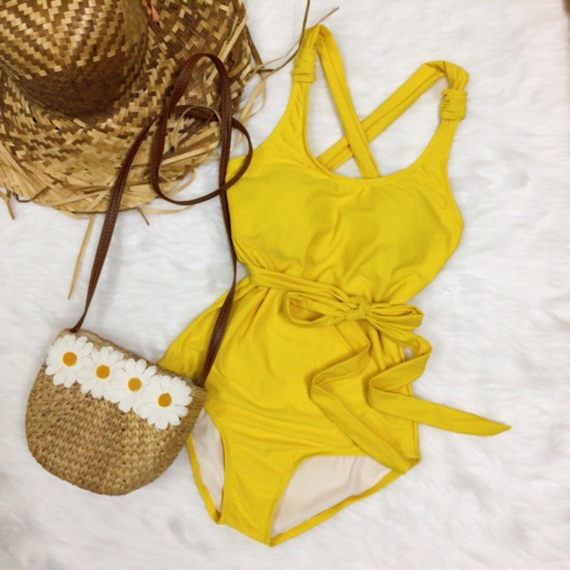 Bikini, đồ bơi 1 mảnh màu vàng dây dài cột eo