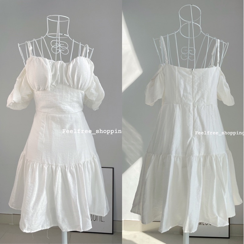 (Ảnh thật) Đầm Trắng Ngắn Hai Dây Trễ Vai Công Chúa Mặc Đi Tiệc, Đi Chơi, Kỷ Yếu (Hình Thật) D044