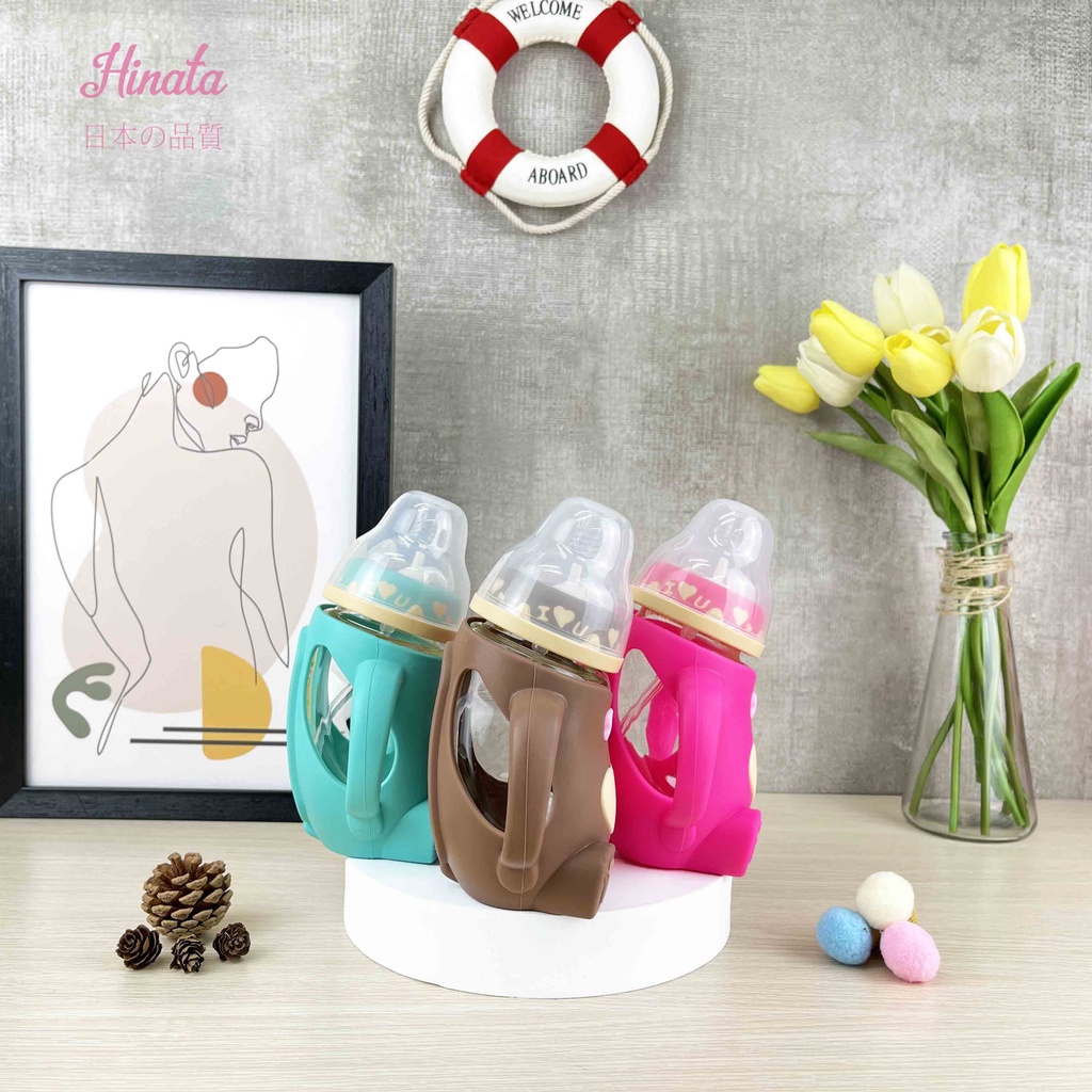 Bình sữa thủy tinh chống sặc HINATA - Giúp bé dễ cầm và dễ bú ở mọi tư thế BS01